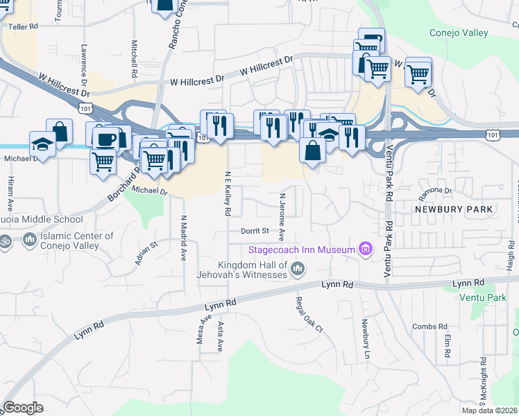 map of restaurants, bars, coffee shops, grocery stores, and more near 1808 Tipperary Lane in Thousand Oaks