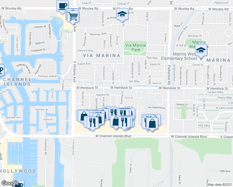 map of restaurants, bars, coffee shops, grocery stores, and more near 627 Halyard Street in Port Hueneme