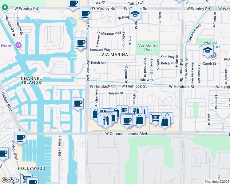 map of restaurants, bars, coffee shops, grocery stores, and more near 693 Halyard Street in Port Hueneme