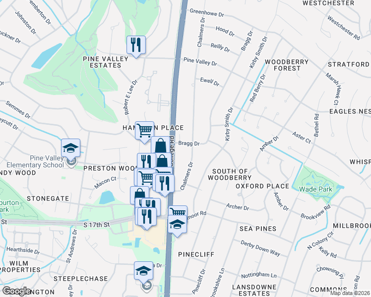 map of restaurants, bars, coffee shops, grocery stores, and more near 802 Bragg Dr in Wilmington