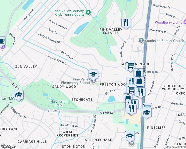 map of restaurants, bars, coffee shops, grocery stores, and more near 446 Semmes Drive in Wilmington