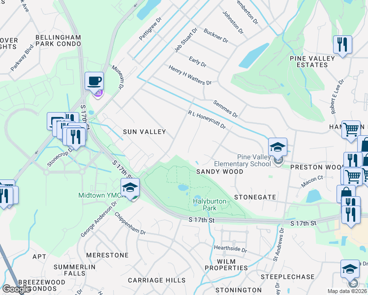 map of restaurants, bars, coffee shops, grocery stores, and more near 543 George Anderson Drive in Wilmington