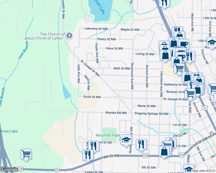 map of restaurants, bars, coffee shops, grocery stores, and more near 509 Saint Joseph Drive Northwest in Cullman