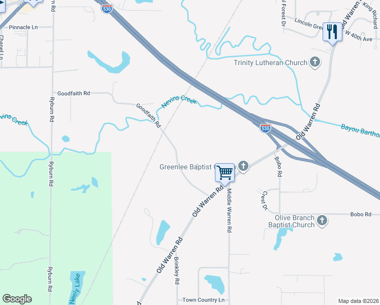 map of restaurants, bars, coffee shops, grocery stores, and more near 5000 Old Warren Road in Pine Bluff