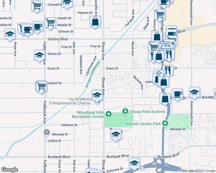 map of restaurants, bars, coffee shops, grocery stores, and more near 22399 Morea Way in Los Angeles