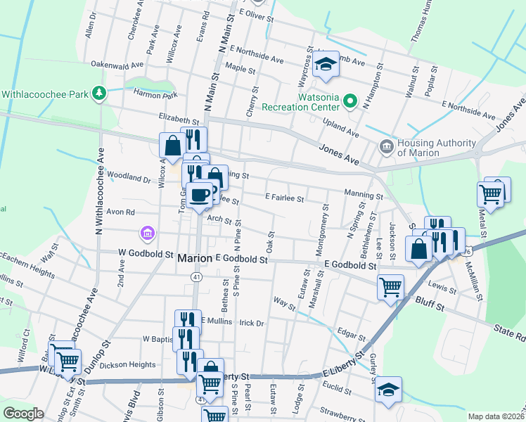 map of restaurants, bars, coffee shops, grocery stores, and more near 312 Harlee Street in Marion