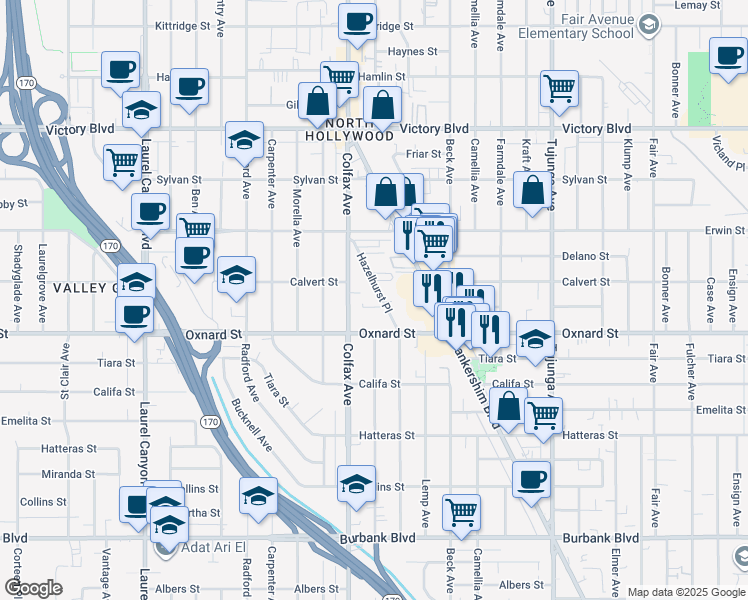 map of restaurants, bars, coffee shops, grocery stores, and more near 6045 Hazelhurst Place in Los Angeles