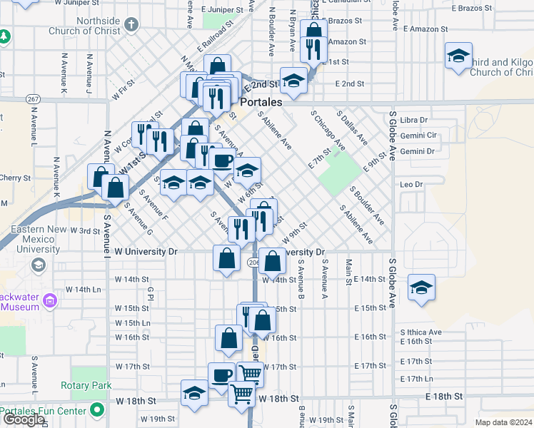 map of restaurants, bars, coffee shops, grocery stores, and more near 709 South Avenue B in Portales