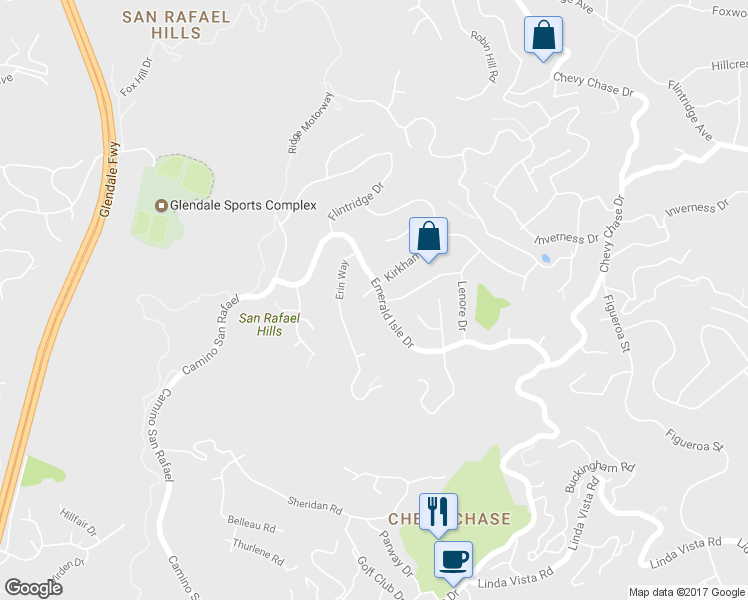 map of restaurants, bars, coffee shops, grocery stores, and more near 3210 Emerald Isle Drive in Glendale