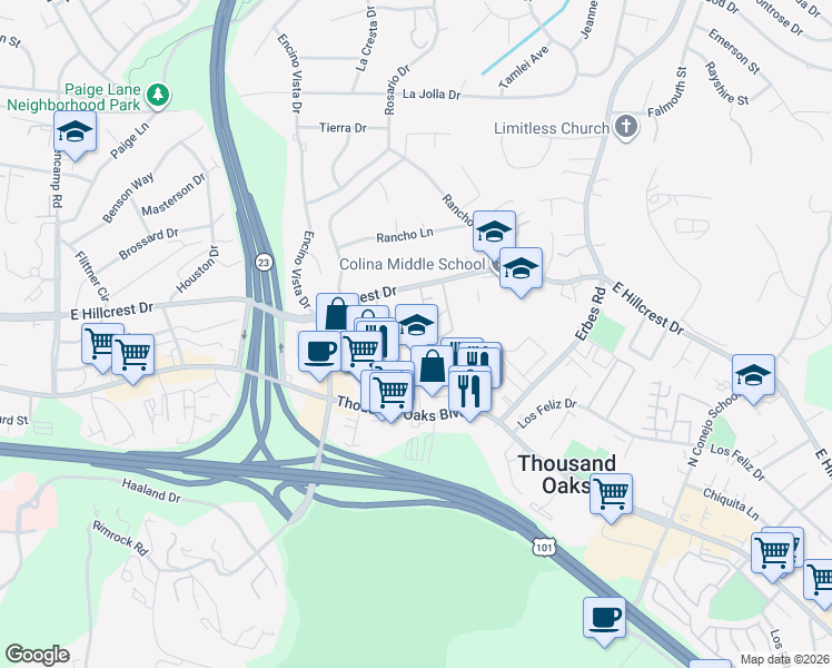 map of restaurants, bars, coffee shops, grocery stores, and more near 1346 East Hillcrest Drive in Thousand Oaks