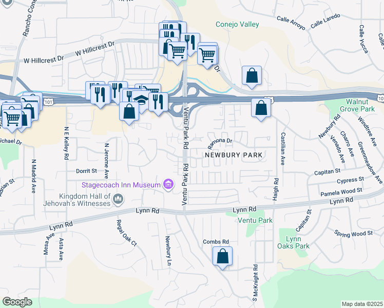 map of restaurants, bars, coffee shops, grocery stores, and more near 1439 Ramona Drive in Thousand Oaks