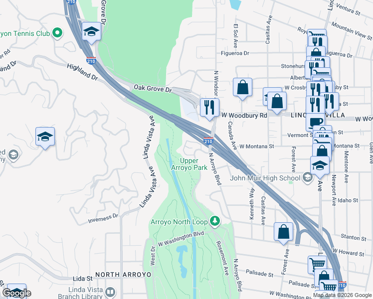 map of restaurants, bars, coffee shops, grocery stores, and more near 2025 Rosemont Avenue in Pasadena