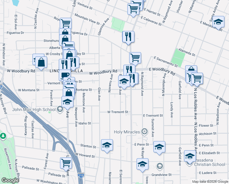 map of restaurants, bars, coffee shops, grocery stores, and more near 122 West Montana Street in Pasadena