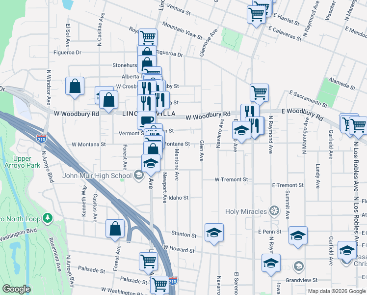 map of restaurants, bars, coffee shops, grocery stores, and more near 270 West Montana Street in Pasadena