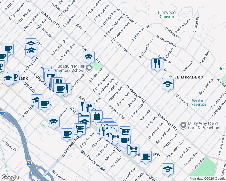 map of restaurants, bars, coffee shops, grocery stores, and more near 632 Roselli Street in Burbank