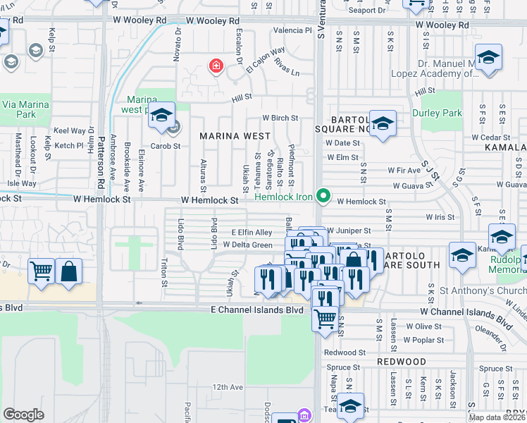 map of restaurants, bars, coffee shops, grocery stores, and more near 2600 Ukiah Street in Oxnard