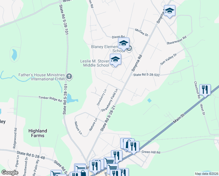 map of restaurants, bars, coffee shops, grocery stores, and more near 2 Strawberry Field Lane in Elgin