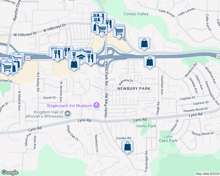 map of restaurants, bars, coffee shops, grocery stores, and more near 1439 Ramona Drive in Thousand Oaks