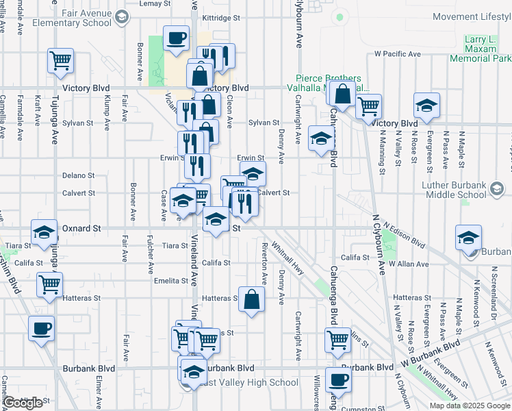 map of restaurants, bars, coffee shops, grocery stores, and more near 6074 Satsuma Avenue in Los Angeles