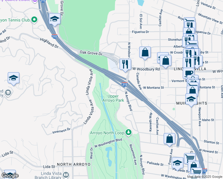 map of restaurants, bars, coffee shops, grocery stores, and more near 2025 Rosemont Avenue in Pasadena