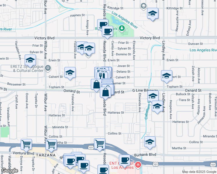 map of restaurants, bars, coffee shops, grocery stores, and more near 6075 Reseda Boulevard in Los Angeles