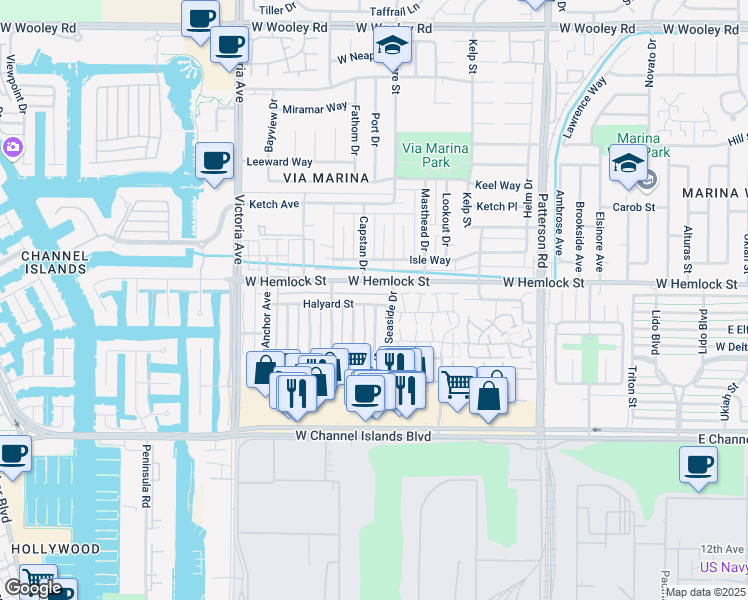map of restaurants, bars, coffee shops, grocery stores, and more near 629 Halyard Street in Port Hueneme