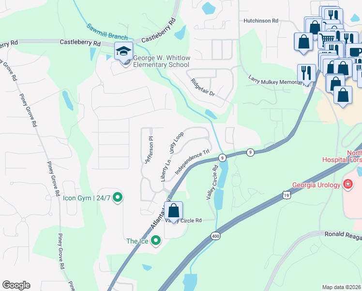 map of restaurants, bars, coffee shops, grocery stores, and more near 1830 Unity Loop in Cumming