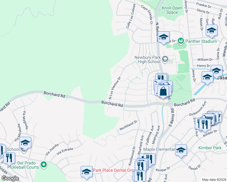 map of restaurants, bars, coffee shops, grocery stores, and more near 4039 Colonett Place in Thousand Oaks