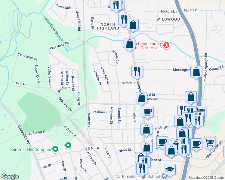 map of restaurants, bars, coffee shops, grocery stores, and more near 621 Jones Mill Road in Cartersville