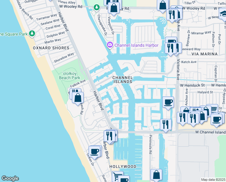 map of restaurants, bars, coffee shops, grocery stores, and more near 2030 Kingsbridge Way in Oxnard