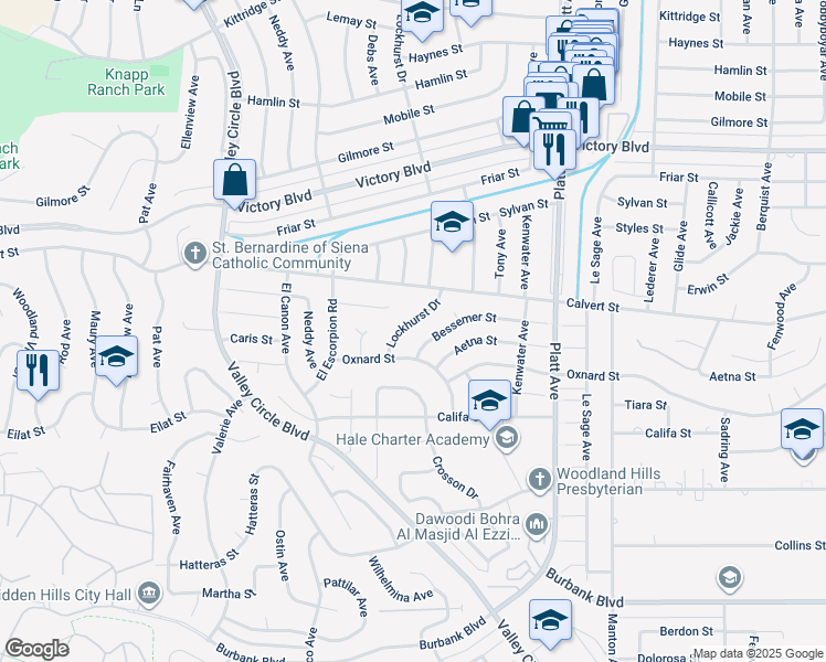 map of restaurants, bars, coffee shops, grocery stores, and more near 6100 Lockhurst Drive in Los Angeles