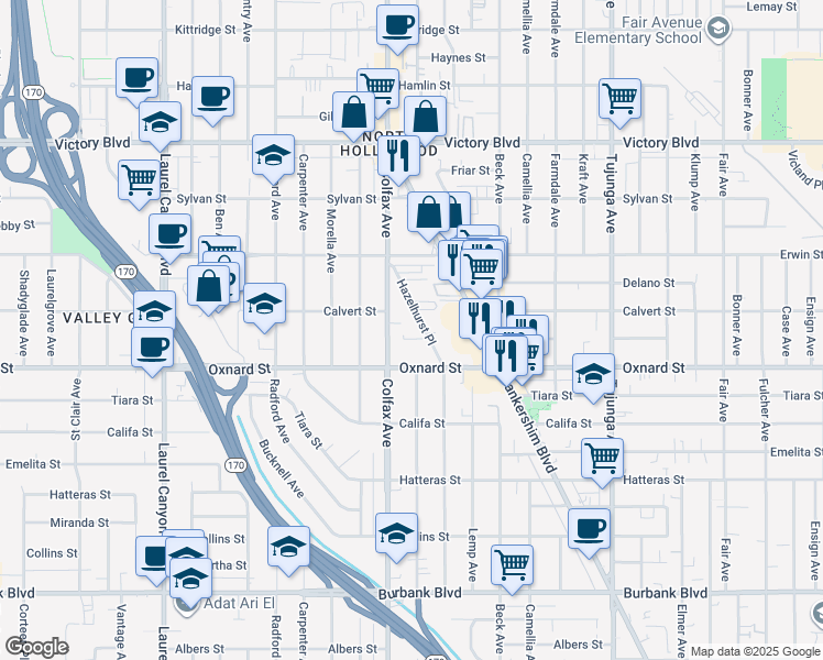 map of restaurants, bars, coffee shops, grocery stores, and more near 6045 Hazelhurst Place in Los Angeles