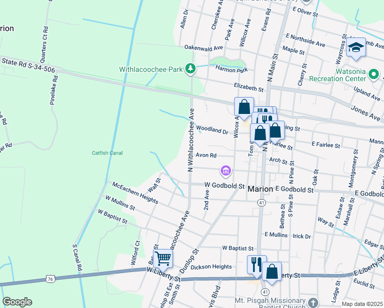 map of restaurants, bars, coffee shops, grocery stores, and more near 305 Avon Rd in Marion