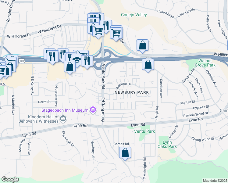 map of restaurants, bars, coffee shops, grocery stores, and more near 1379 Ramona Drive in Thousand Oaks