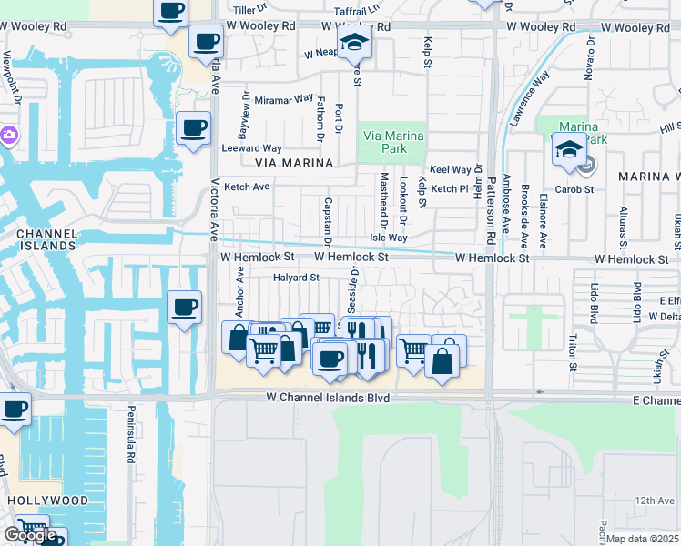 map of restaurants, bars, coffee shops, grocery stores, and more near 621 Halyard Street in Port Hueneme