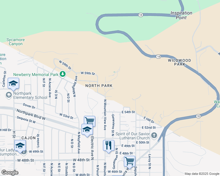 map of restaurants, bars, coffee shops, grocery stores, and more near 160 Lupin Lane in San Bernardino