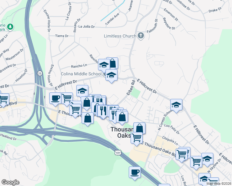 map of restaurants, bars, coffee shops, grocery stores, and more near 223 Erbes Road in Thousand Oaks
