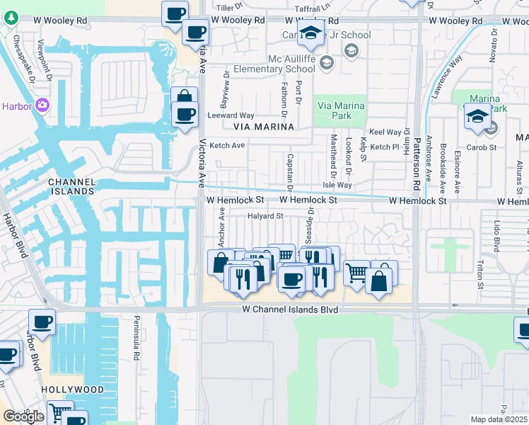 map of restaurants, bars, coffee shops, grocery stores, and more near 693 Halyard Street in Port Hueneme