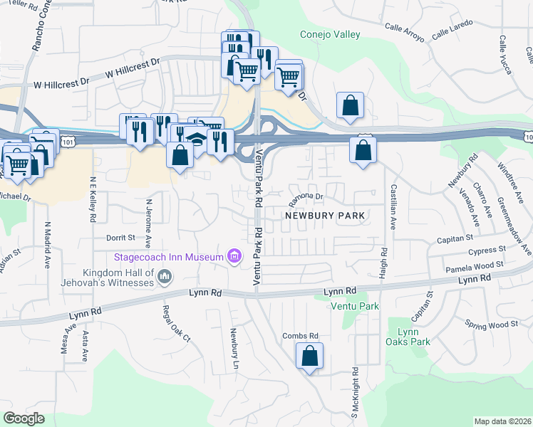 map of restaurants, bars, coffee shops, grocery stores, and more near 1439 Ramona Drive in Thousand Oaks