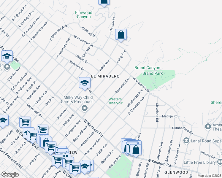 map of restaurants, bars, coffee shops, grocery stores, and more near 1448 Thompson Avenue in Glendale