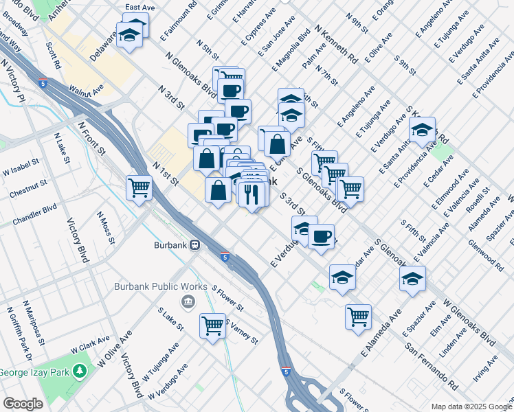 map of restaurants, bars, coffee shops, grocery stores, and more near 150 South San Fernando Boulevard in Burbank