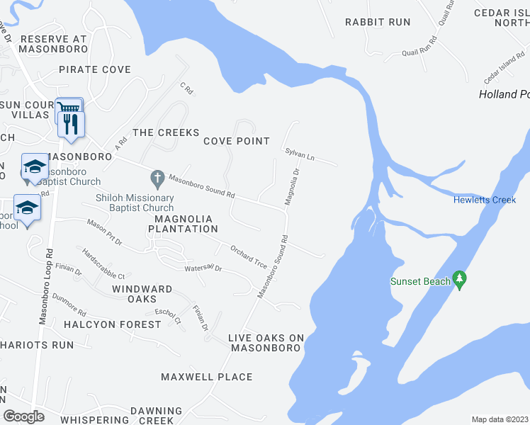 map of restaurants, bars, coffee shops, grocery stores, and more near 7222 Masonboro Sound Road in Wilmington
