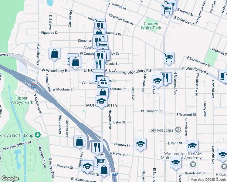 map of restaurants, bars, coffee shops, grocery stores, and more near 336 West Montana Street in Pasadena