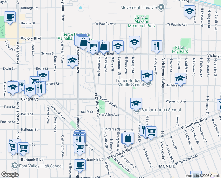 map of restaurants, bars, coffee shops, grocery stores, and more near 1741 North Rose Street in Burbank