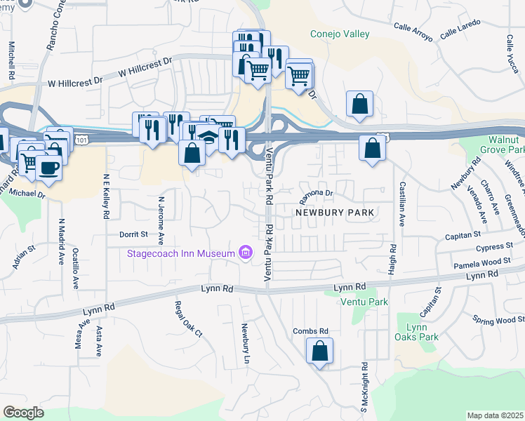 map of restaurants, bars, coffee shops, grocery stores, and more near 1586 Silver Shadow Drive in Thousand Oaks