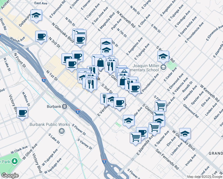 map of restaurants, bars, coffee shops, grocery stores, and more near 300 East Tujunga Avenue in Burbank