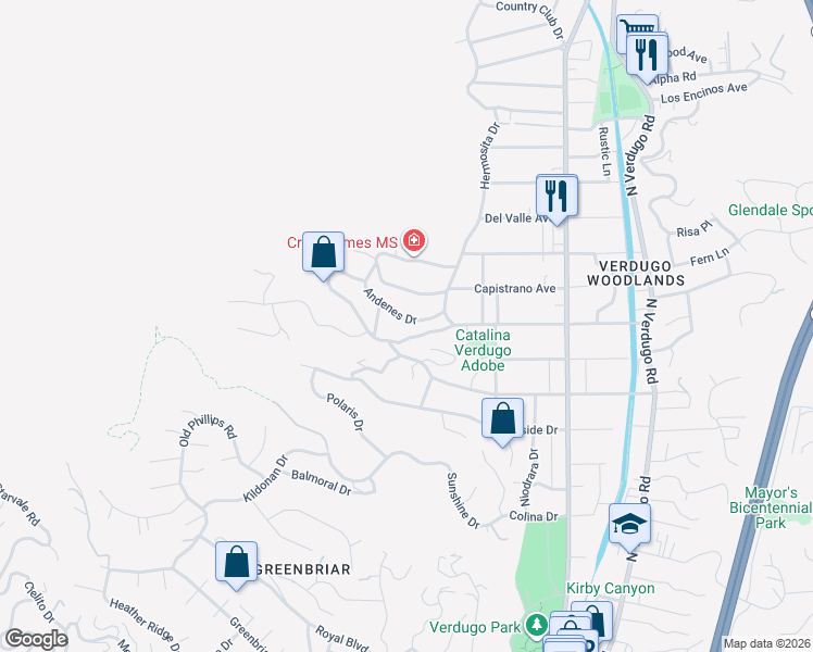 map of restaurants, bars, coffee shops, grocery stores, and more near 1415 Opechee Way in Glendale