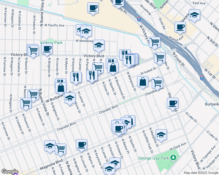 map of restaurants, bars, coffee shops, grocery stores, and more near 815 North Sparks Street in Burbank
