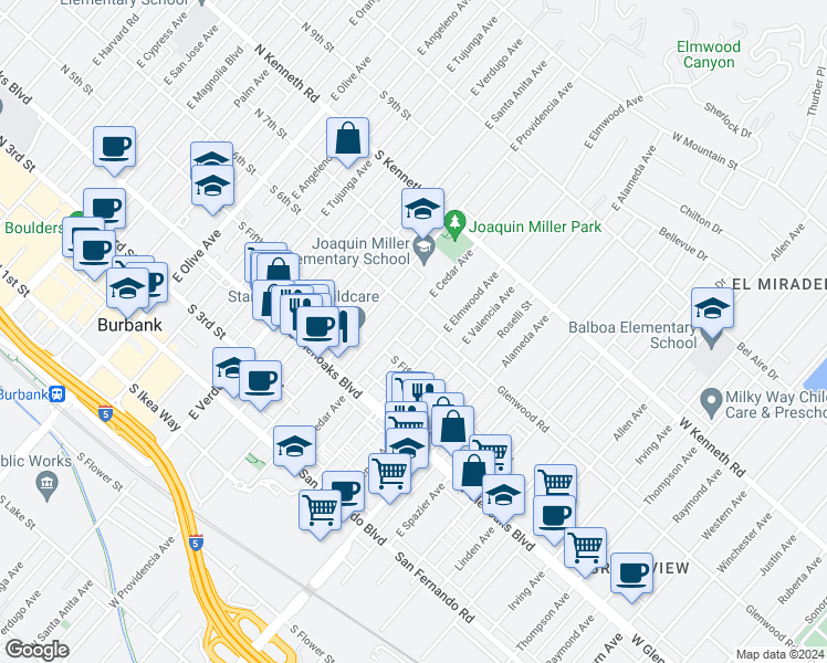 map of restaurants, bars, coffee shops, grocery stores, and more near 528 East Cedar Avenue in Burbank