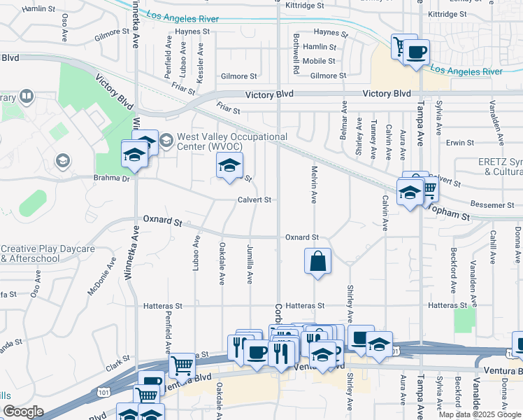 map of restaurants, bars, coffee shops, grocery stores, and more near 6045 Corbin Avenue in Los Angeles